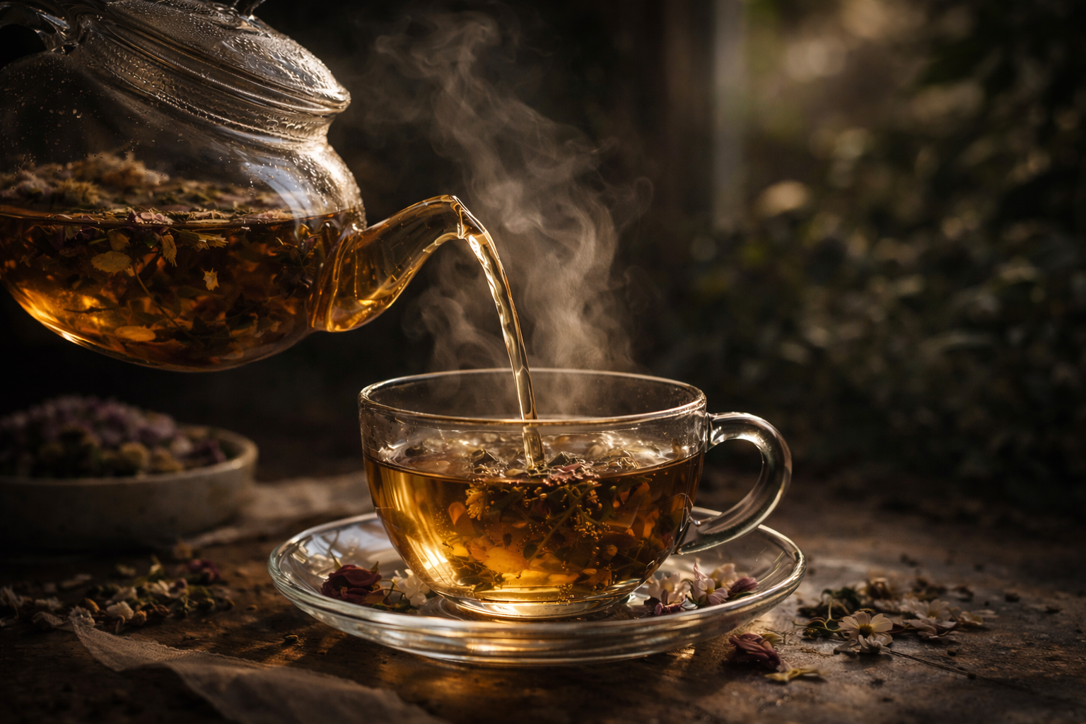 Tea being poured from a teapot into a cup with steam, surrounded by tea leaves on a dark background.